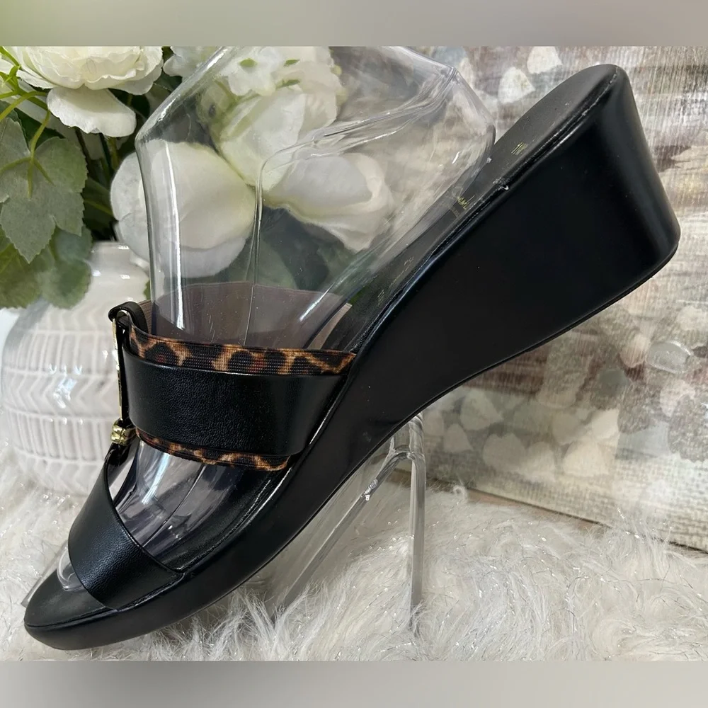Black Leopard Trim Slide Sandals with Gold Accent